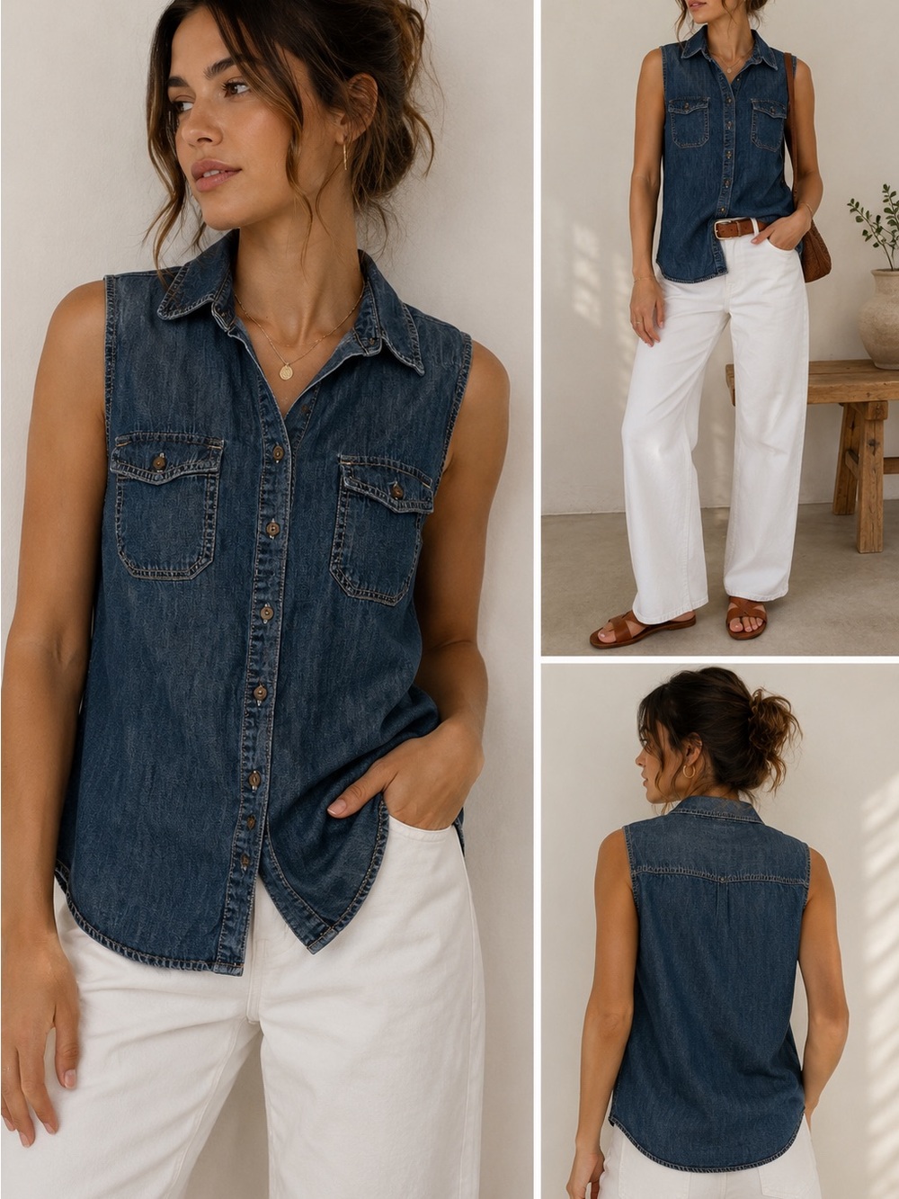 Merona Denim Sleeveless Button Down Shirt Medium Western Coastal Casual